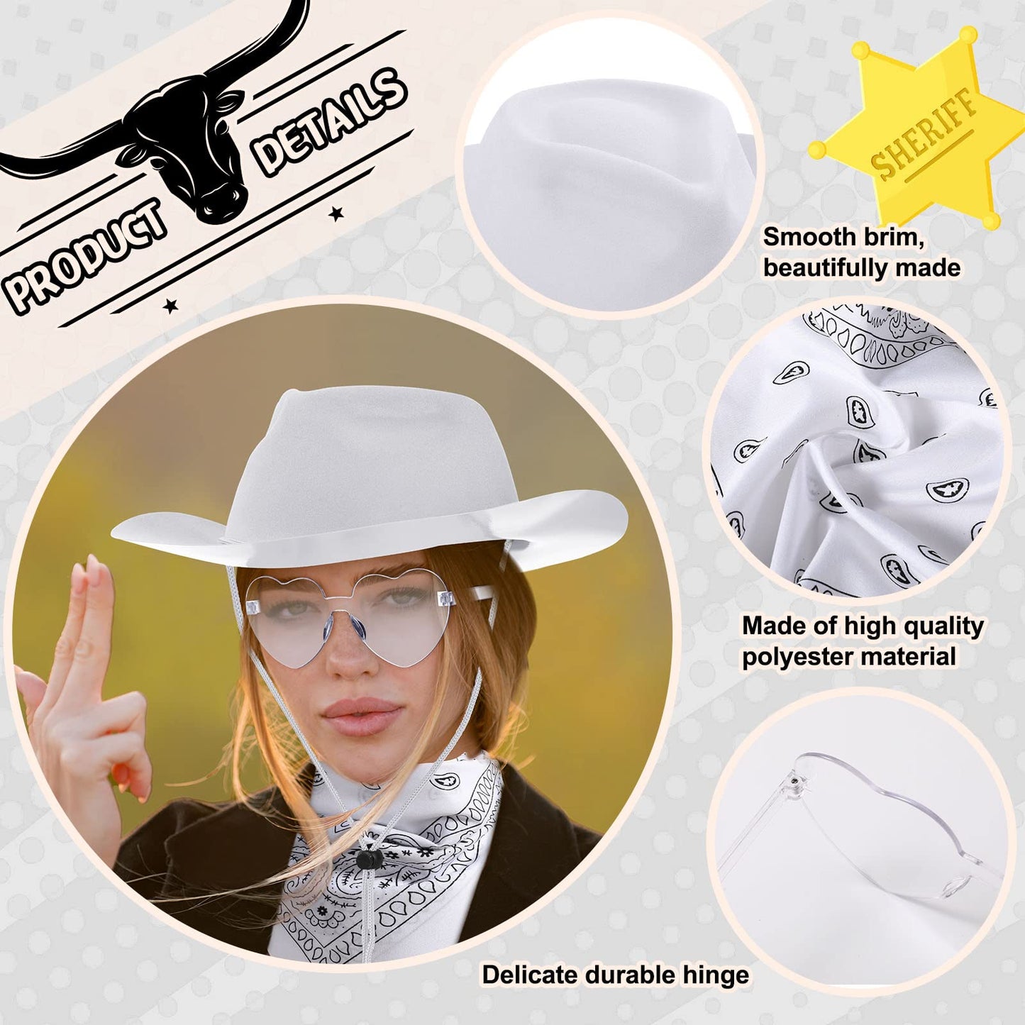 Newcotte 18 Pcs Western Cowboy Hat Set – White Hats, Paisley Bandanas & Heart Sunglasses for Parties