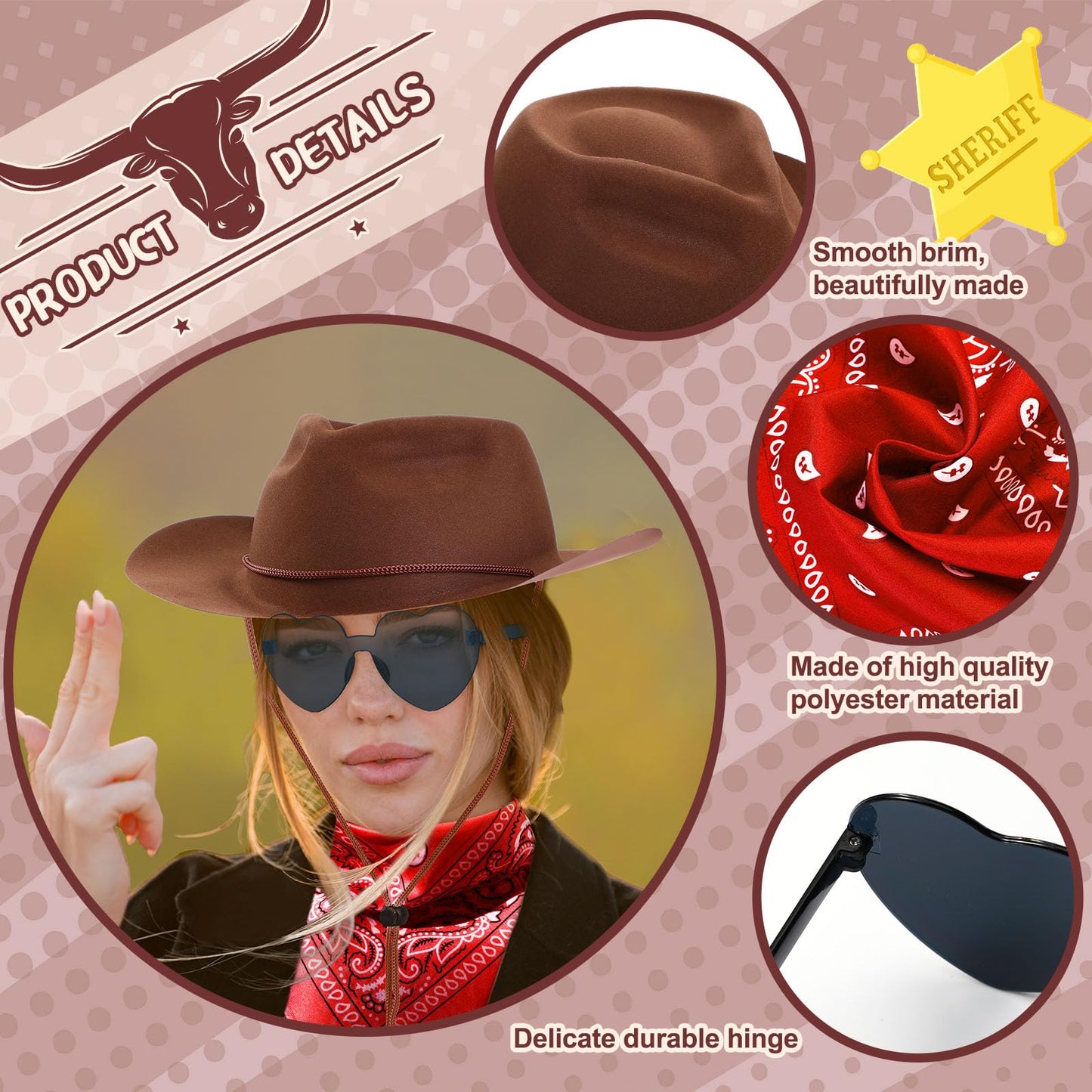 Newcotte 18-Piece Western Cowboy Hat Set – 6 Hats, 6 Paisley Bandanas, 6 Heart Sunglasses (Brown)