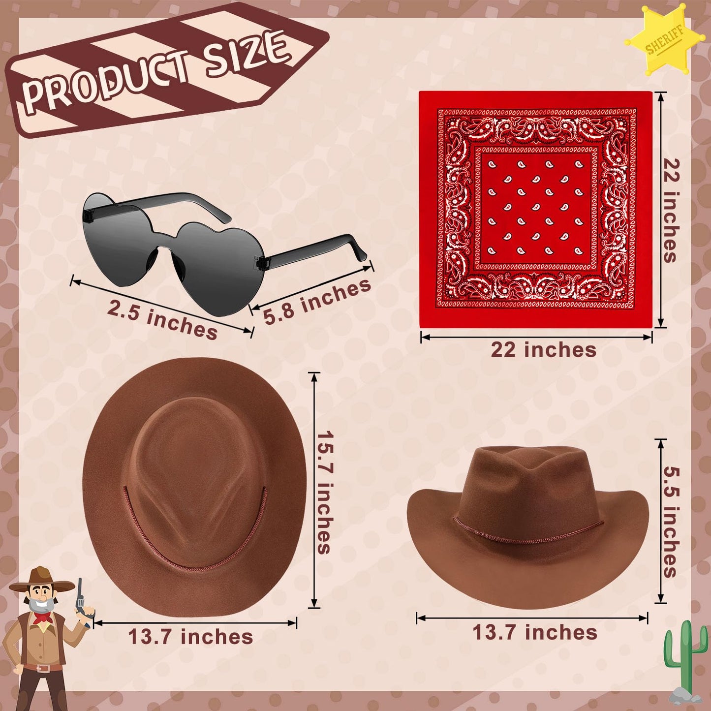 Newcotte 18-Piece Western Cowboy Hat Set – 6 Hats, 6 Paisley Bandanas, 6 Heart Sunglasses (Brown)