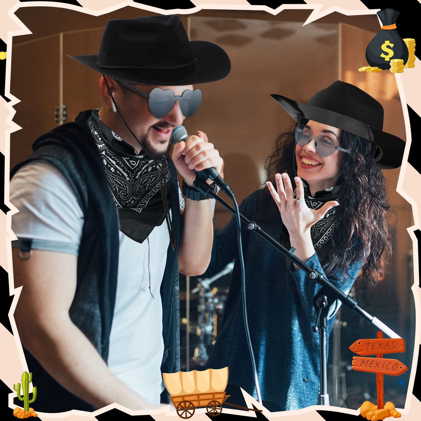 Newcotte 18-Piece Western Cowboy Hat Set — 6 Hats, 6 Bandanas, 6 Heart Sunglasses (Black)