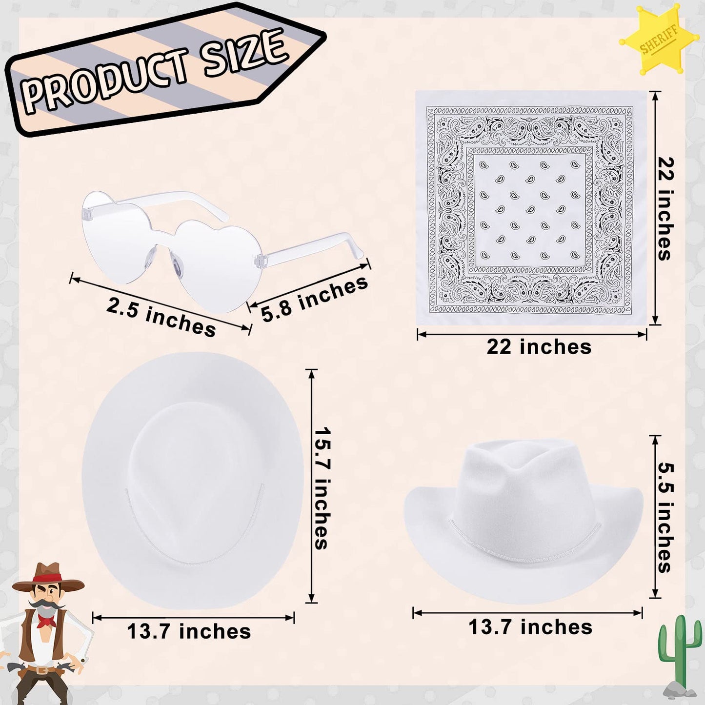 Newcotte 18 Pcs Western Cowboy Hat Set – White Hats, Paisley Bandanas & Heart Sunglasses for Parties