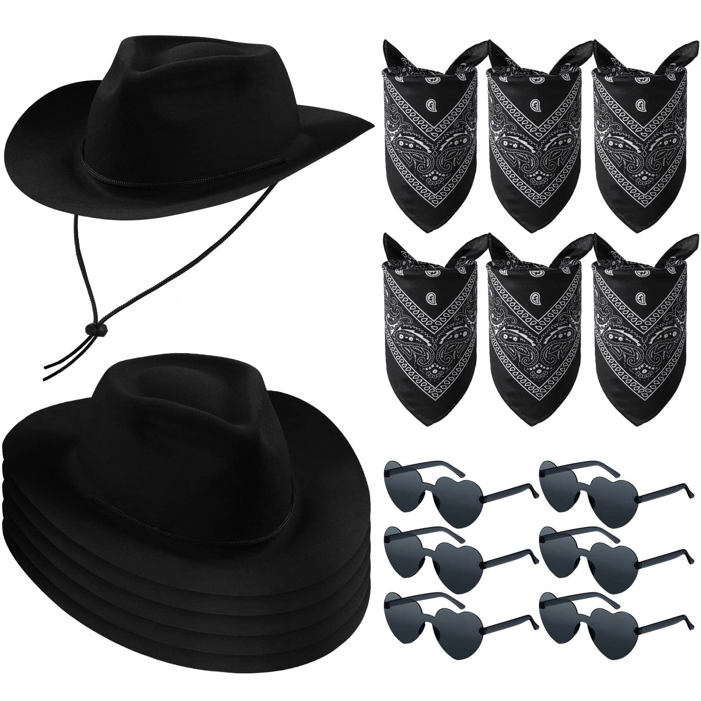 Newcotte 18-Piece Western Cowboy Hat Set — 6 Hats, 6 Bandanas, 6 Heart Sunglasses (Black)