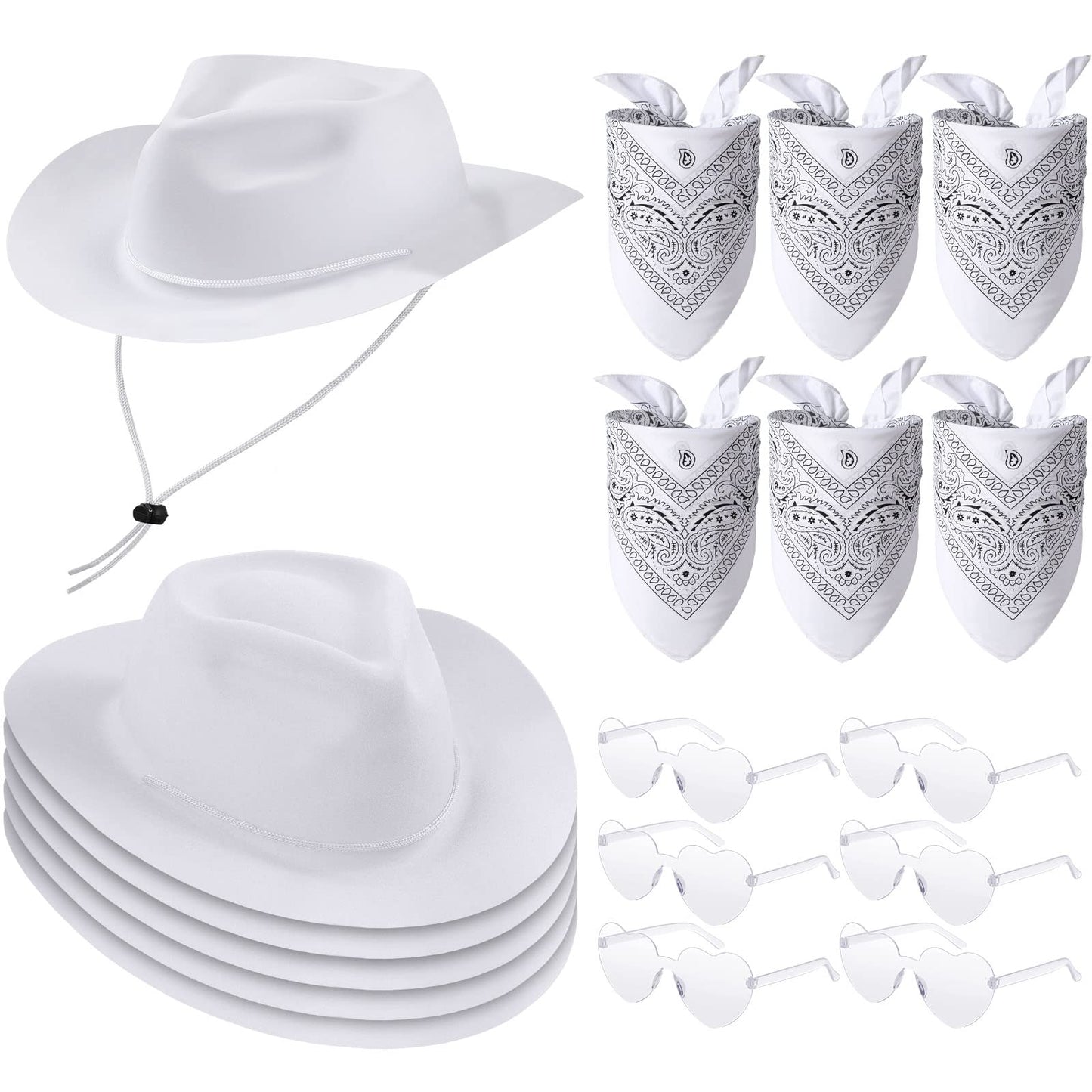 Newcotte 18 Pcs Western Cowboy Hat Set – White Hats, Paisley Bandanas & Heart Sunglasses for Parties