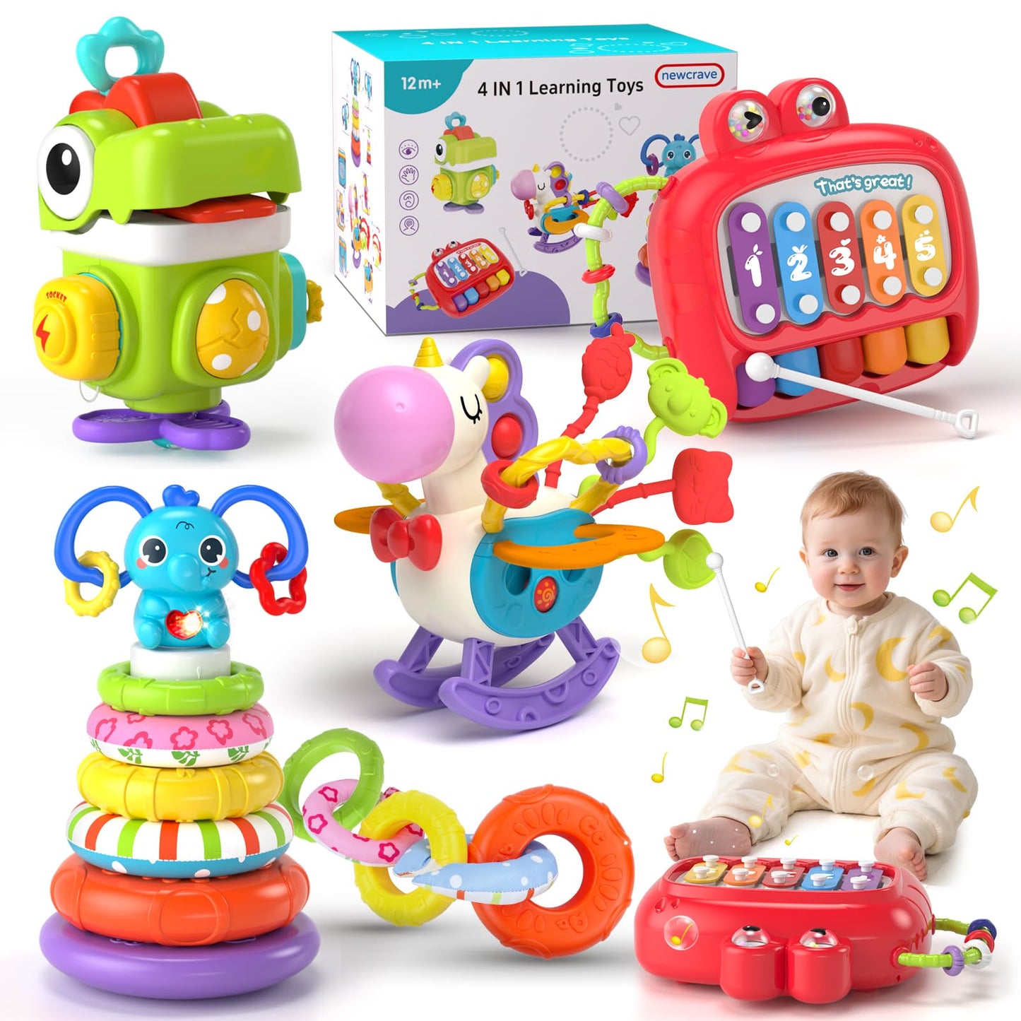 Newcrave 4-in-1 Baby Toys for 6-18 Months | Sensory Stacking & Musical Travel Cube