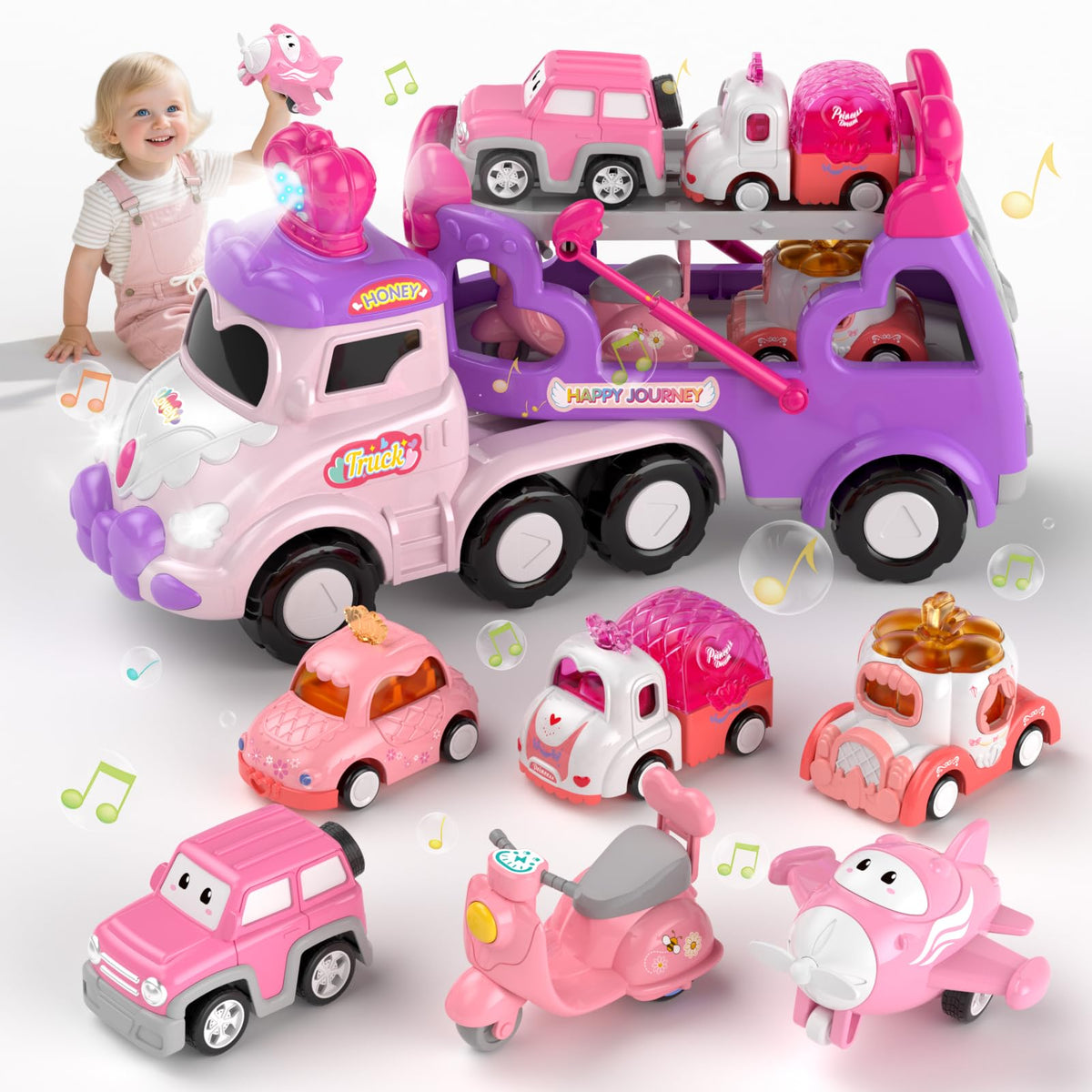 newcrave 7-in-1 Carrier Truck Toy for Toddlers 1–3 | Friction-Powered Cars with Lights & Sound