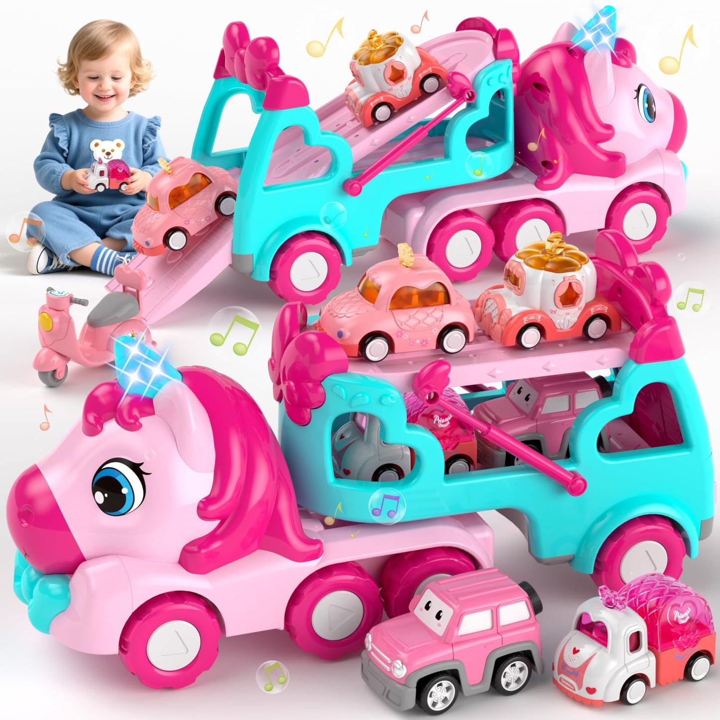 newcrave 7 in 1 Carrier Truck Toys for Toddlers – 6 Mini Cars, Light & Music