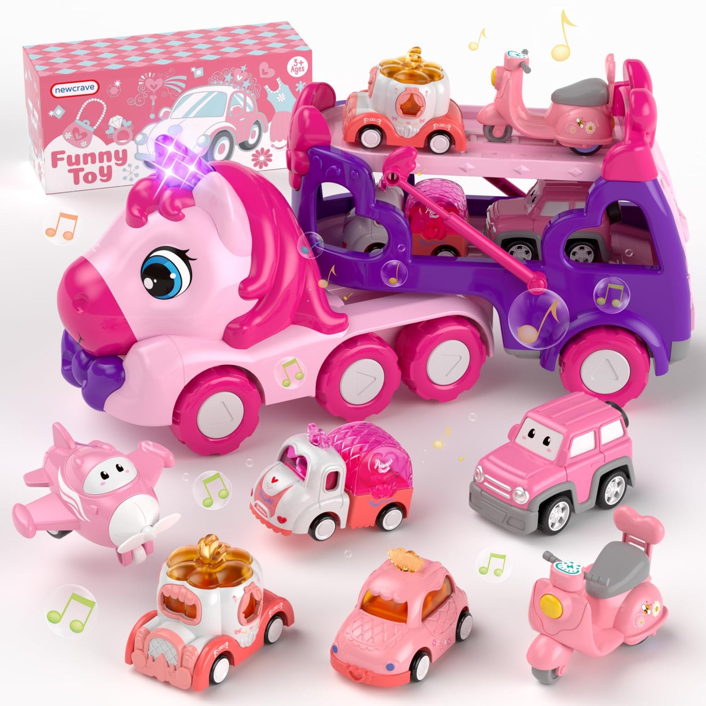 Newcrave 7-in-1 Carrier Truck & Cars Toy Set – Lights & Music for Ages 1–4
