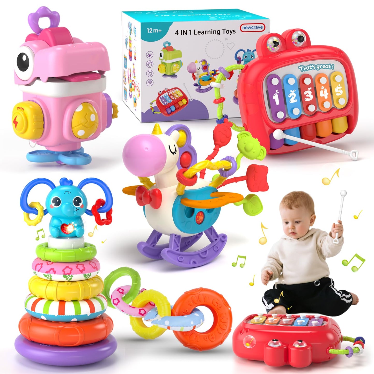 Newcrave 4-in-1 Baby Toys for 6-18 Months | Busy Cube, Piano Xylophone & Stacking Set