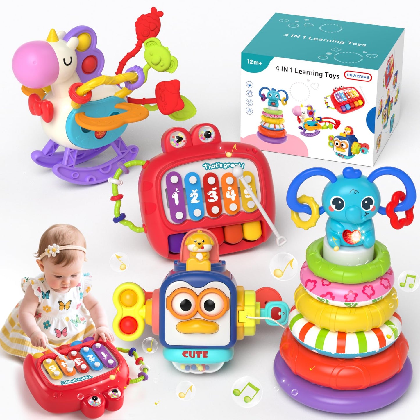 Newcrave 4-in-1 Baby Toys for 6-12 Months | Sensory, Stacking & Piano Xylophone Toy