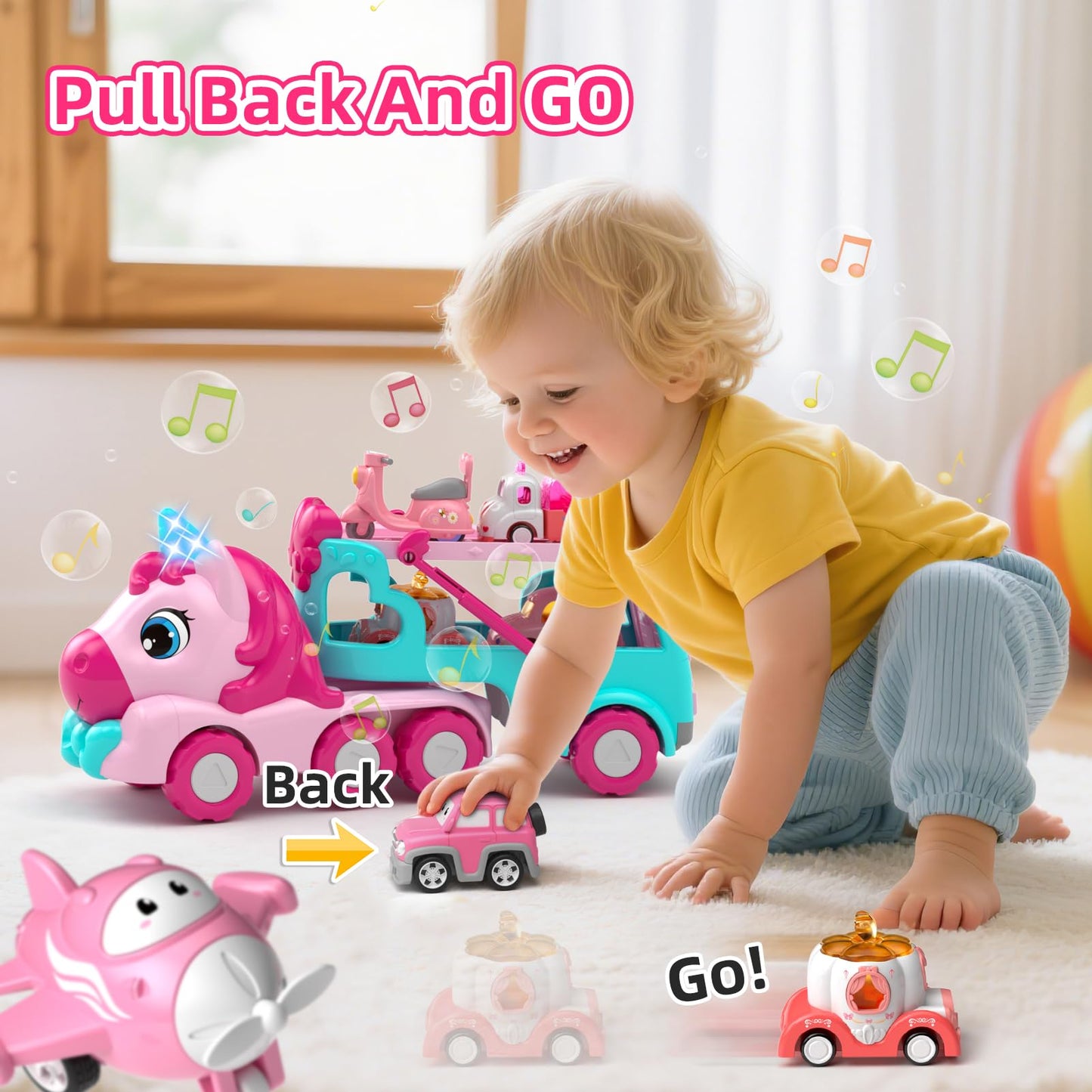 newcrave 7 in 1 Carrier Truck Toys for Toddlers – 6 Mini Cars, Light & Music