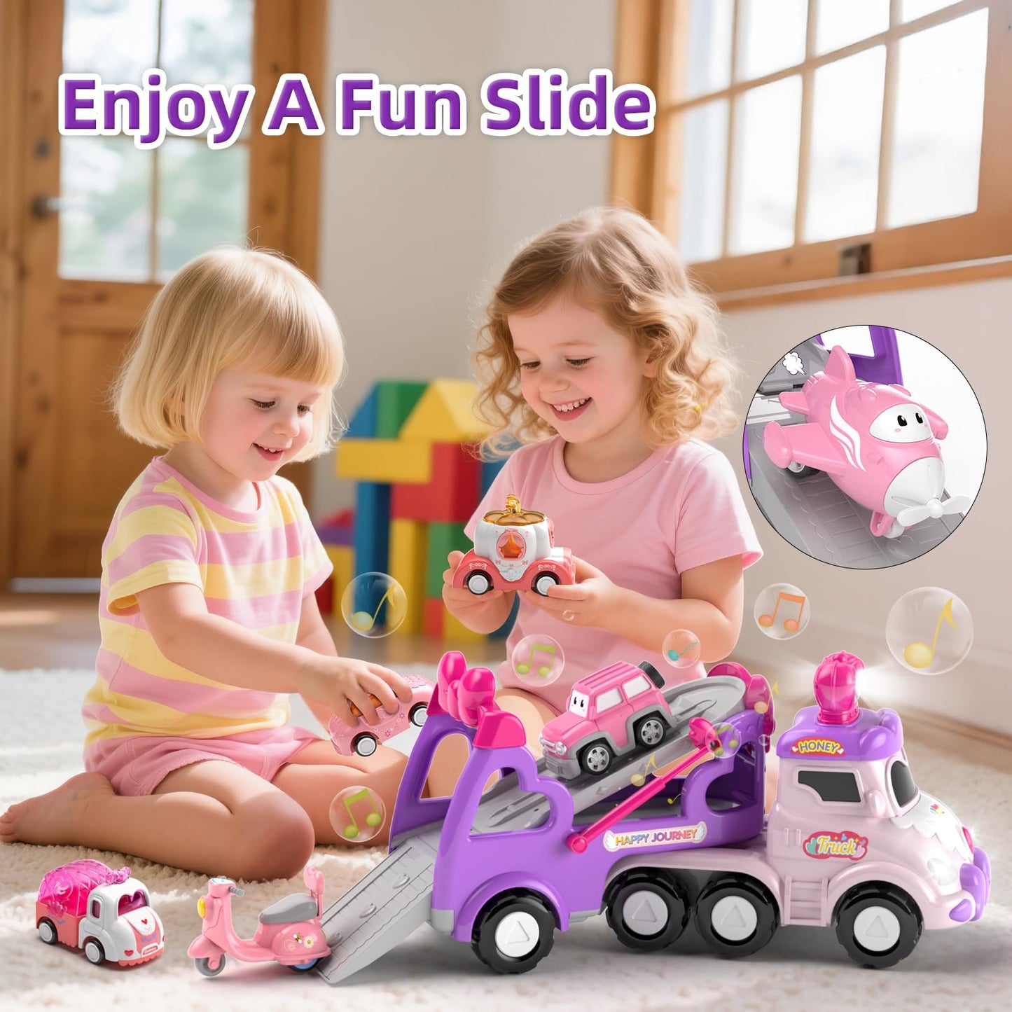 newcrave 7-in-1 Carrier Truck Toy for Toddlers 1–3 | Friction-Powered Cars with Lights & Sound
