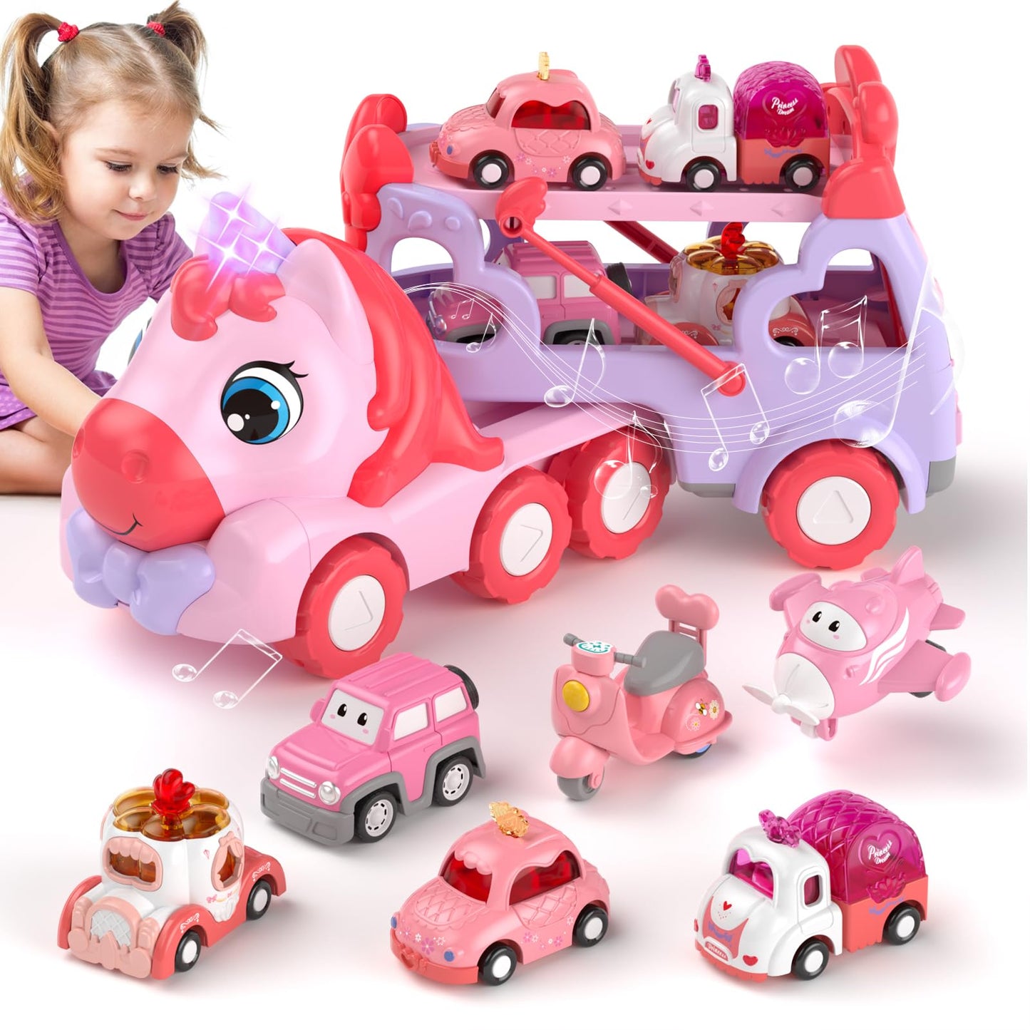 Newcrave 7-in-1 Princess Carrier Truck Toys for Toddlers (Age 1-3) — Light, Music & Imaginative Play