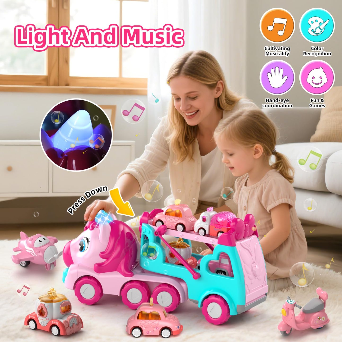 newcrave 7 in 1 Carrier Truck Toys for Toddlers – 6 Mini Cars, Light & Music