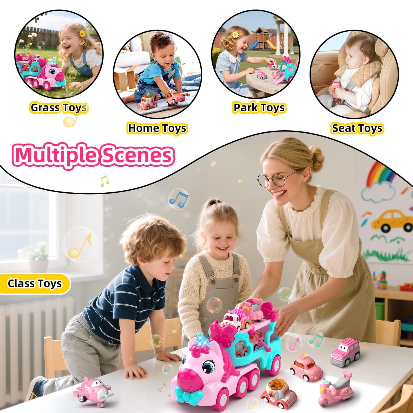 newcrave 7 in 1 Carrier Truck Toys for Toddlers – 6 Mini Cars, Light & Music