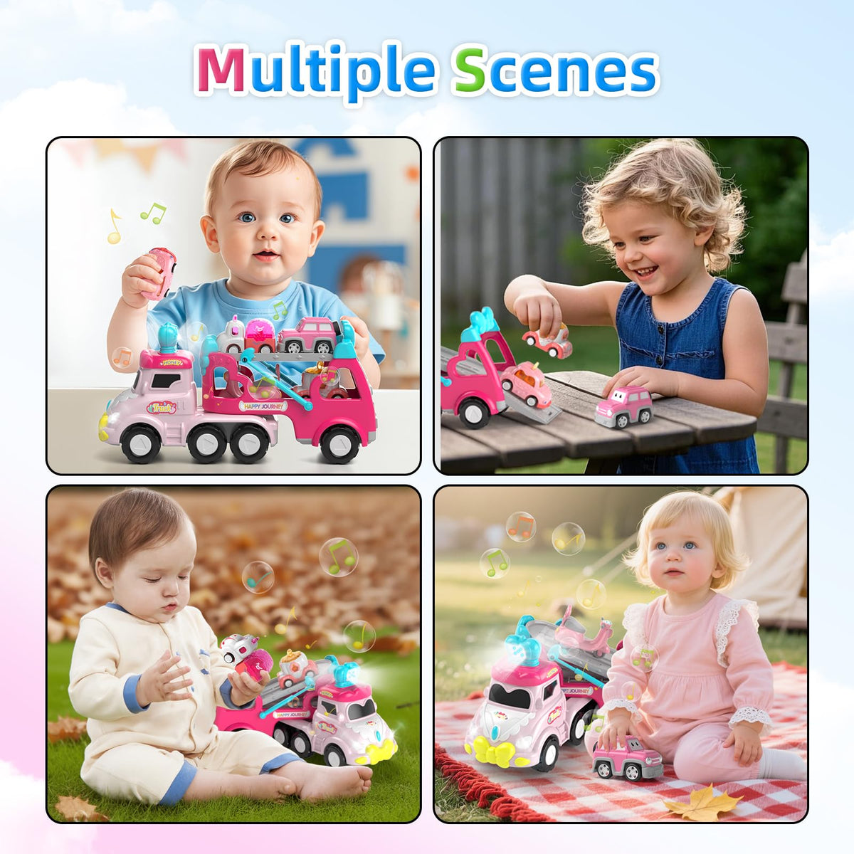 Newcrave 7-in-1 Carrier Truck Toy for 1–3 Year Old Girls – Friction-Powered, Light & Music