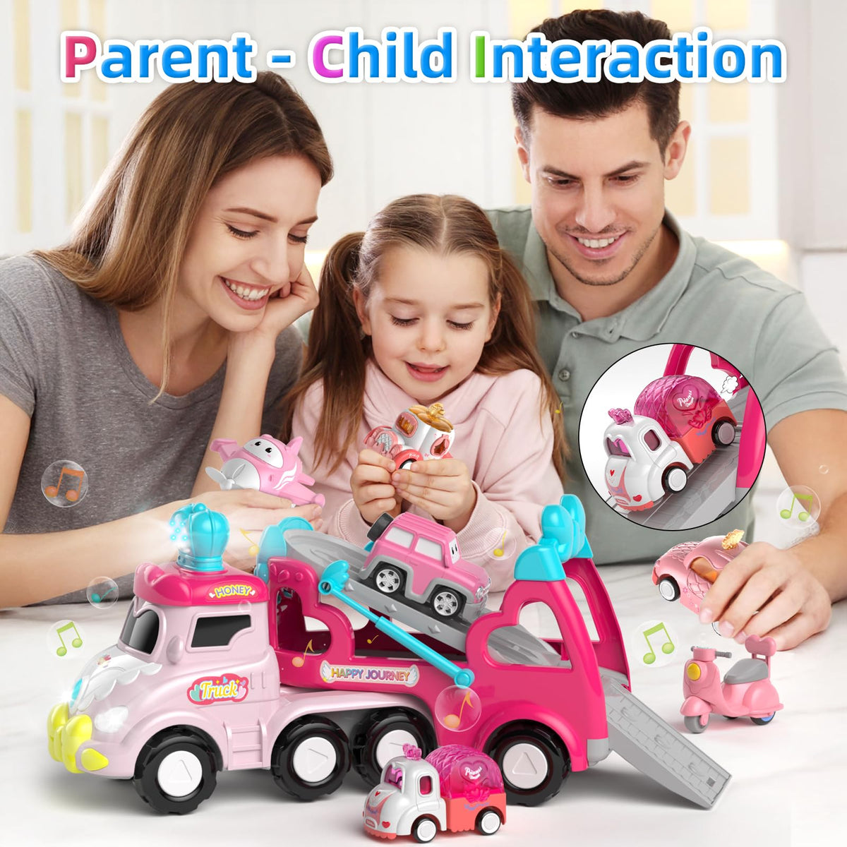 Newcrave 7-in-1 Carrier Truck Toy for 1–3 Year Old Girls – Friction-Powered, Light & Music