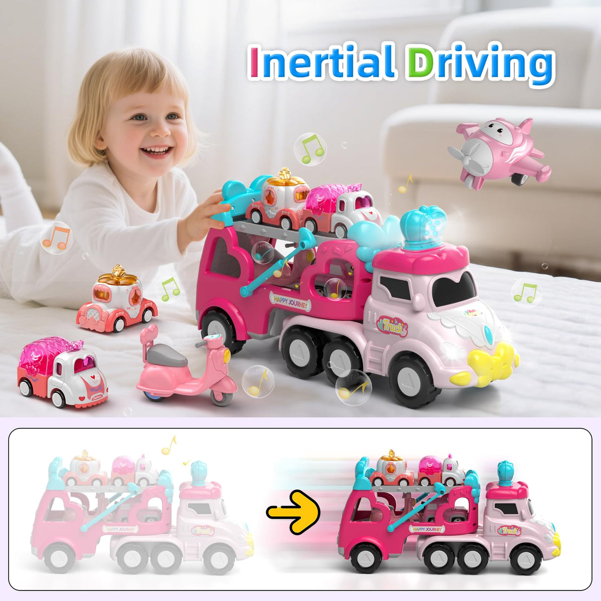 Newcrave 7-in-1 Carrier Truck Toy for 1–3 Year Old Girls – Friction-Powered, Light & Music