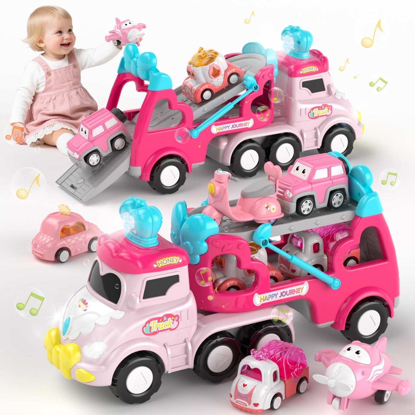 Newcrave 7-in-1 Carrier Truck Toy for 1–3 Year Old Girls – Friction-Powered, Light & Music