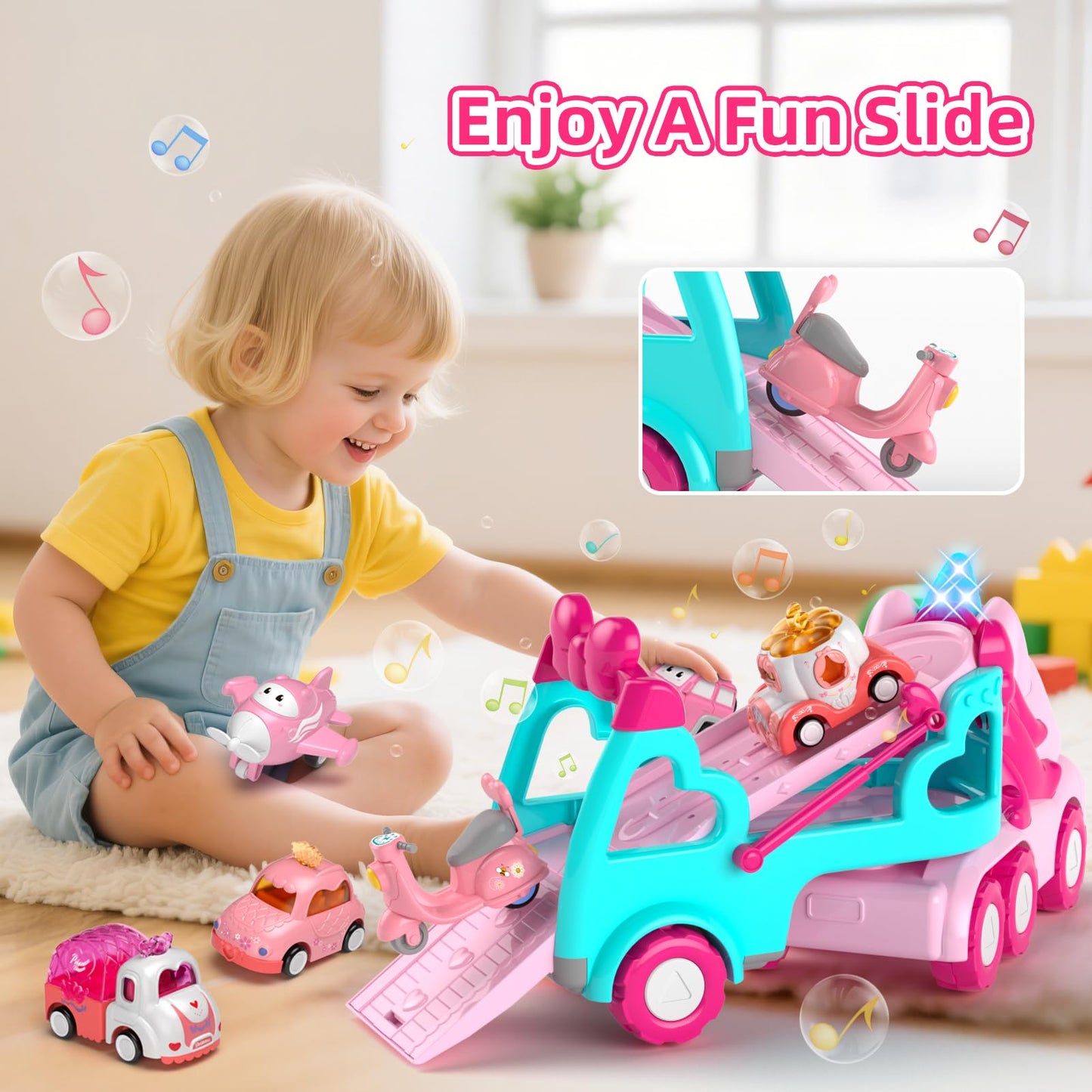 newcrave 7 in 1 Carrier Truck Toys for Toddlers – 6 Mini Cars, Light & Music