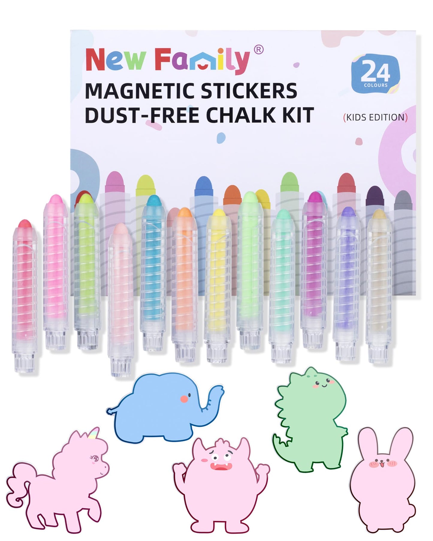 NewFamily Kids Art Chalk Set – 24-Color Dustless Chalk & Magnetic Drawing Board