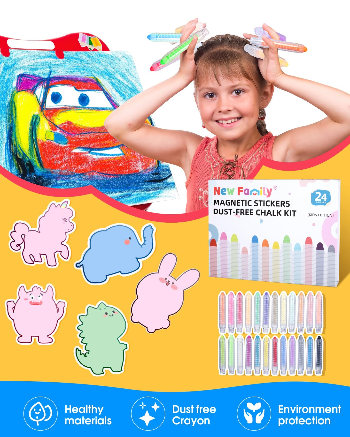 NewFamily Kids Art Chalk Set – 24-Color Dustless Chalk & Magnetic Drawing Board