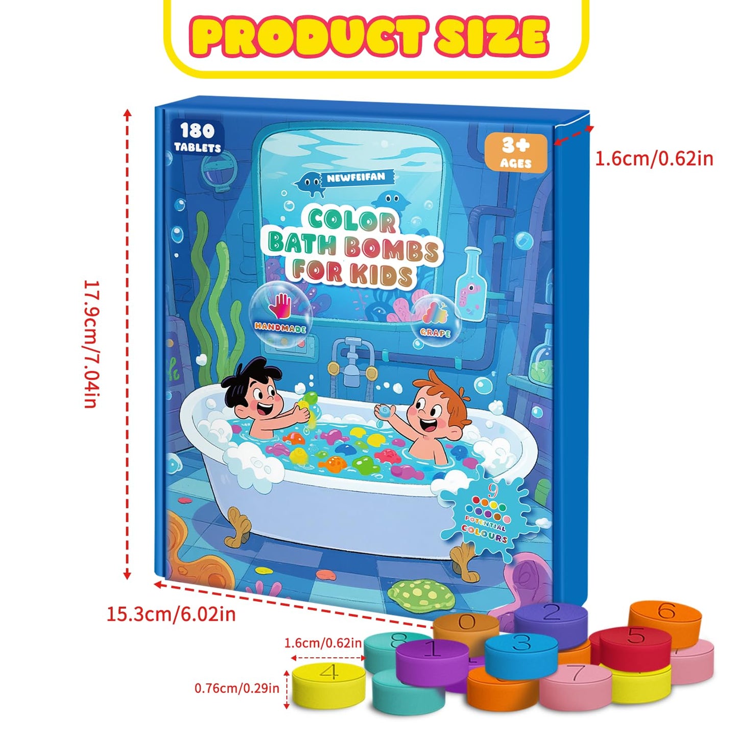 NEWFEIFAN Bath Bombs for Kids – 180 Color Tablets for Creative Bath Art