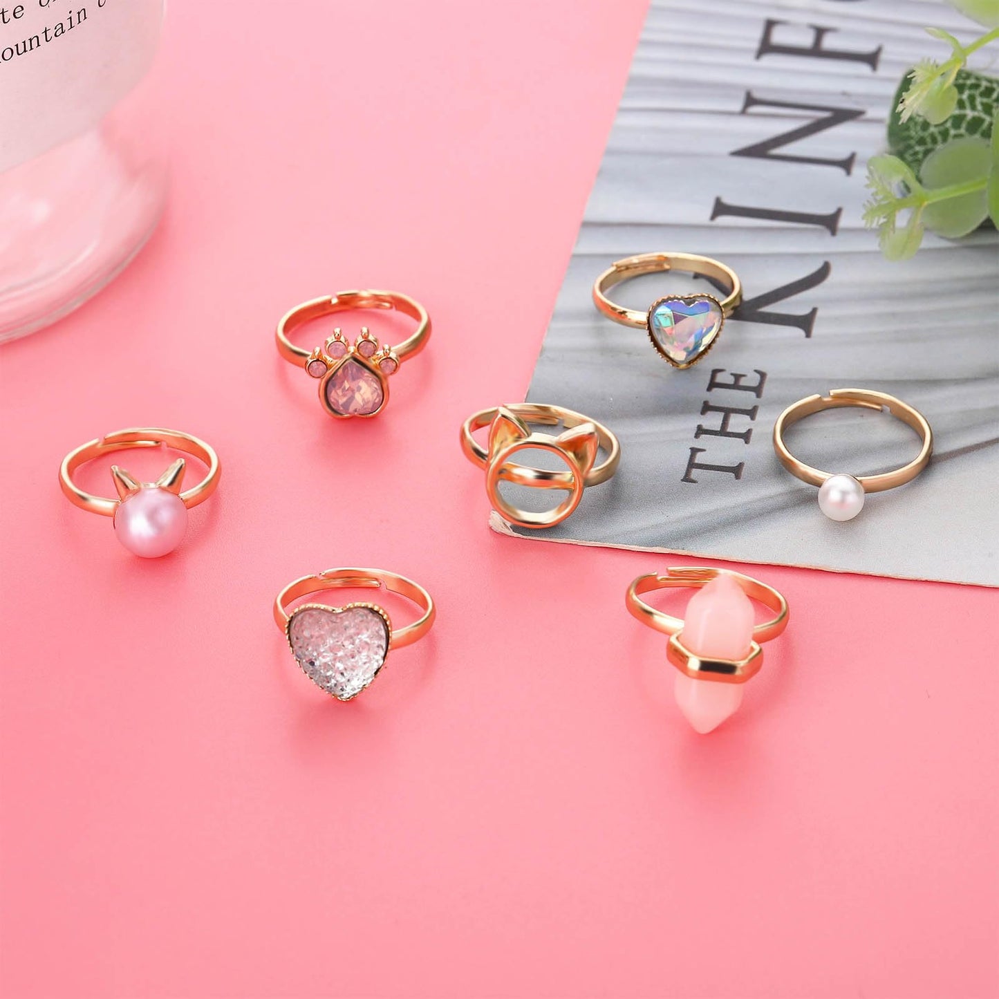 NEWITIN 7-Piece Cute Rings for Girls — Adjustable Crystal Dress-Up Set