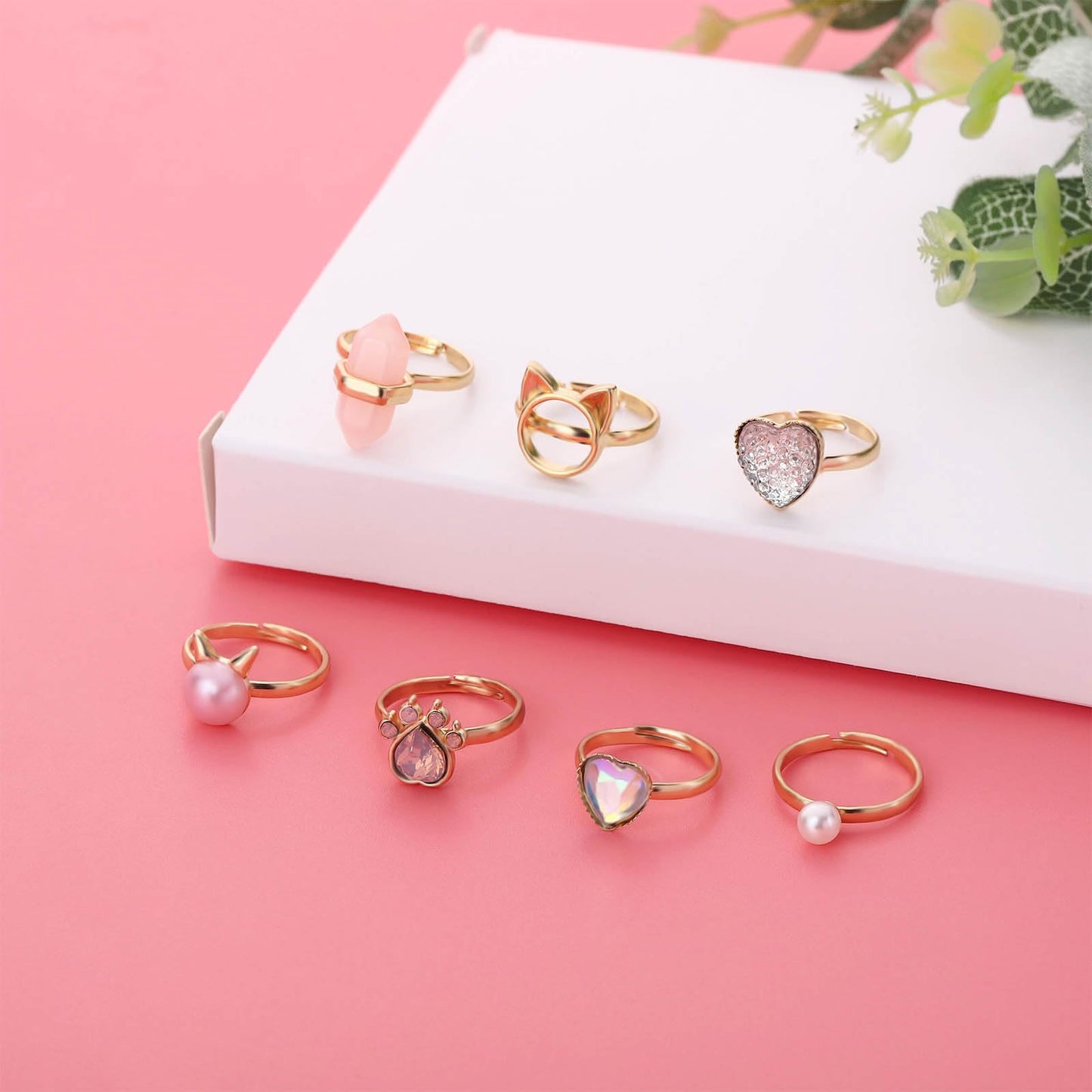 NEWITIN 7-Piece Cute Rings for Girls — Adjustable Crystal Dress-Up Set
