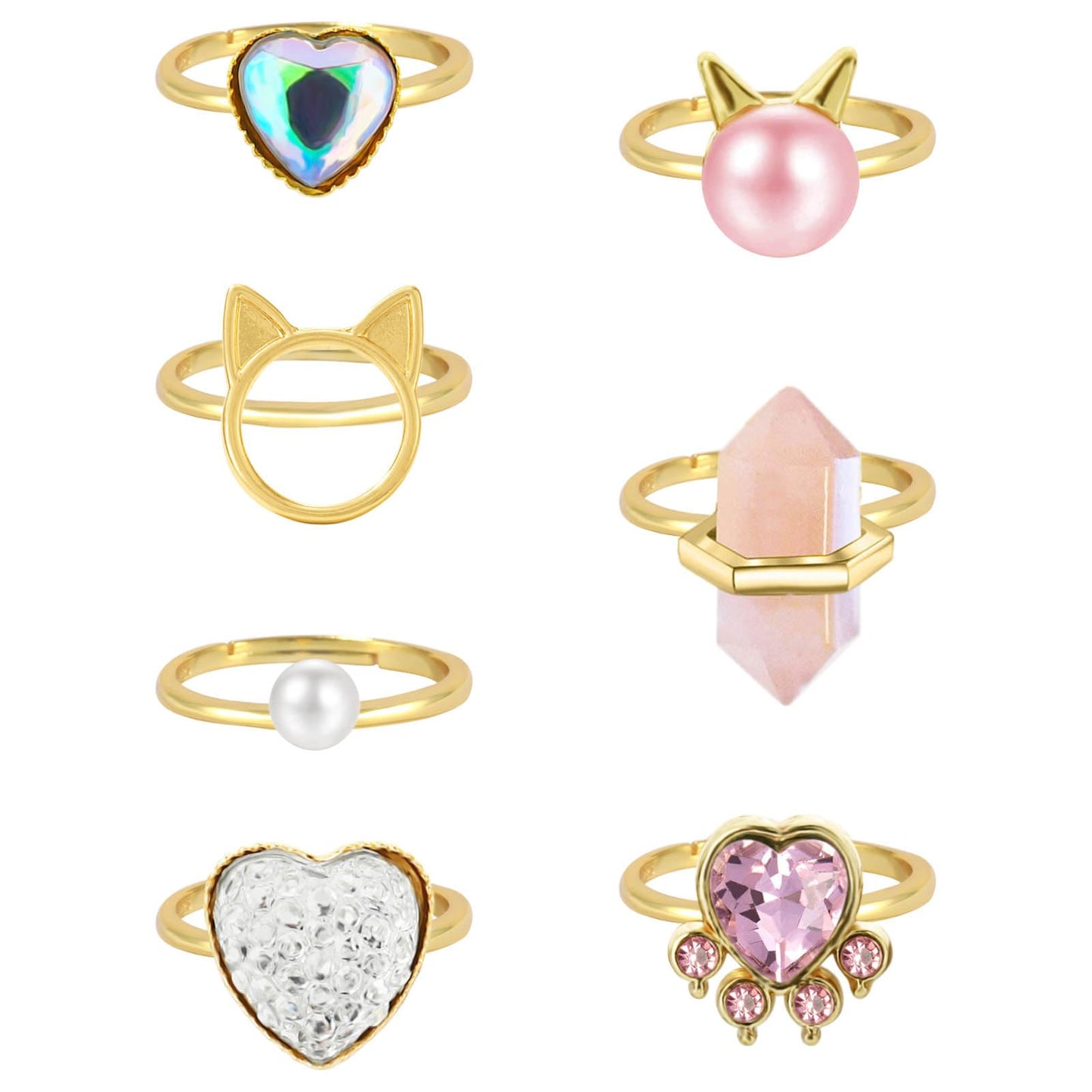 NEWITIN 7-Piece Cute Rings for Girls — Adjustable Crystal Dress-Up Set