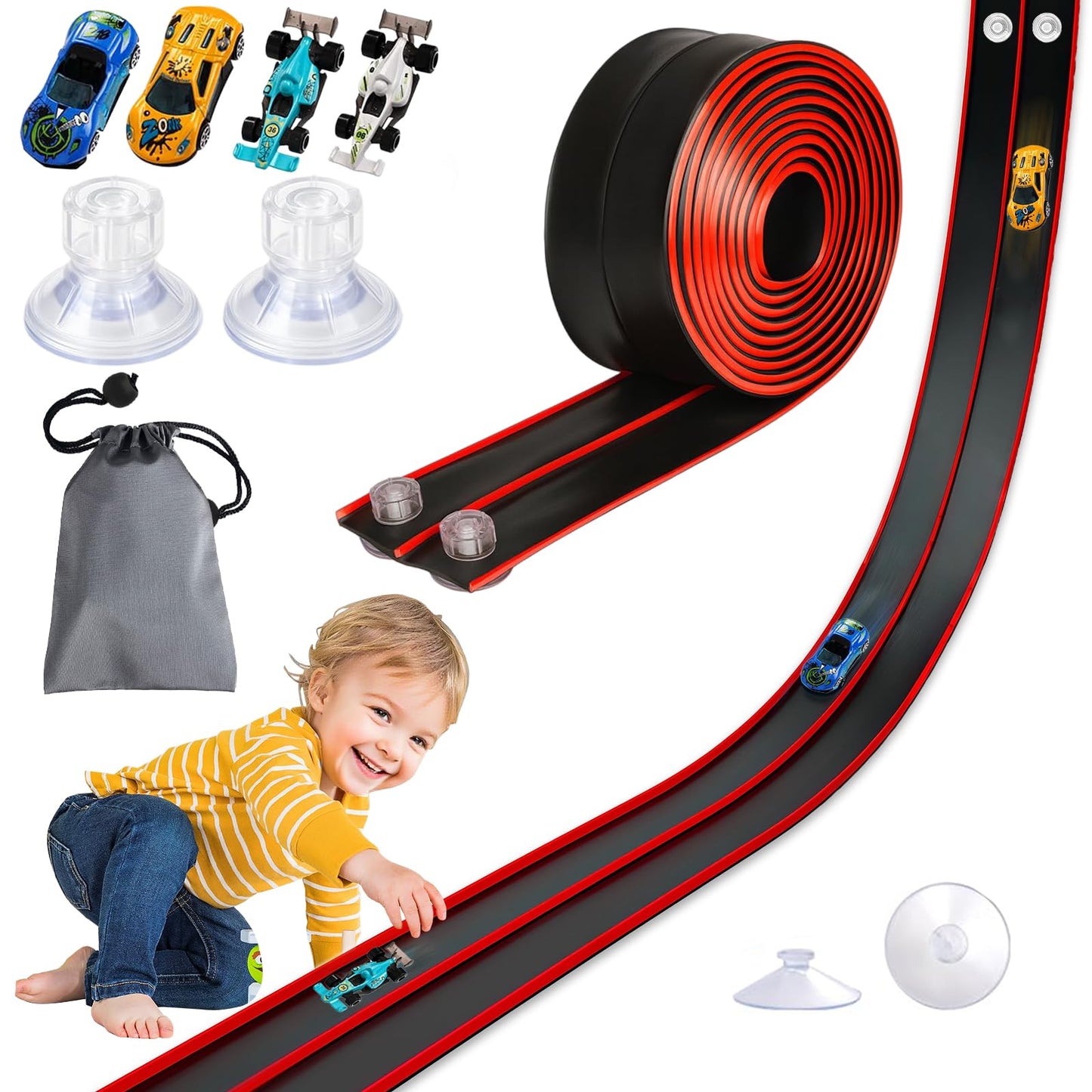 Newmkr 15 Ft Flexible Race Track for Kids 3+ – Portable Roll-Up Track with Cars & Storage