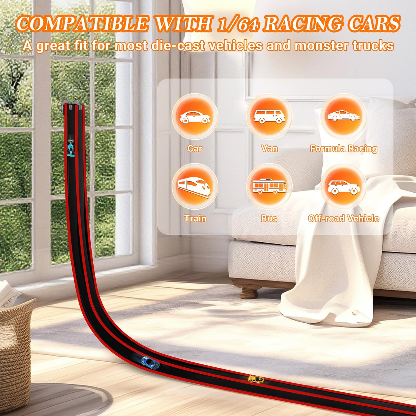 Newmkr 15 Ft Flexible Race Track for Kids 3+ – Portable Roll-Up Track with Cars & Storage