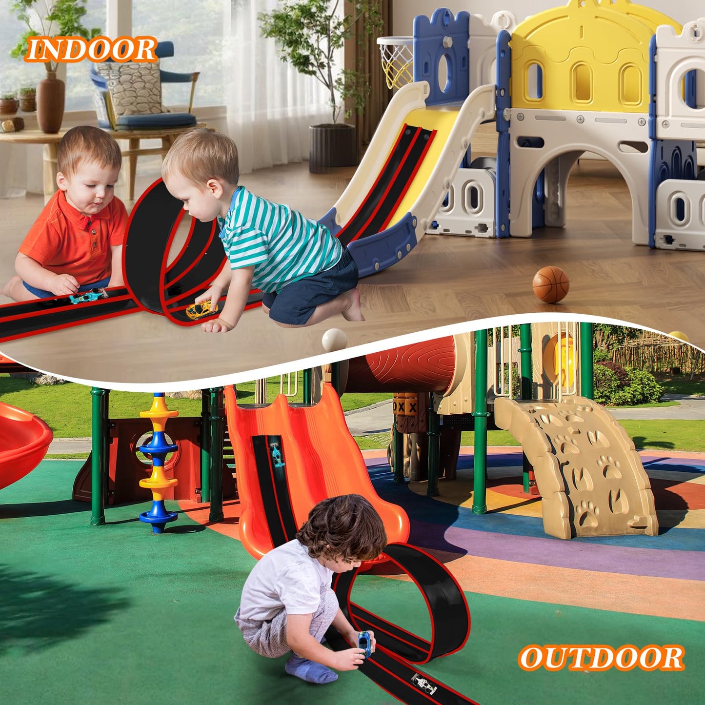 Newmkr 15 Ft Flexible Race Track for Kids 3+ – Portable Roll-Up Track with Cars & Storage