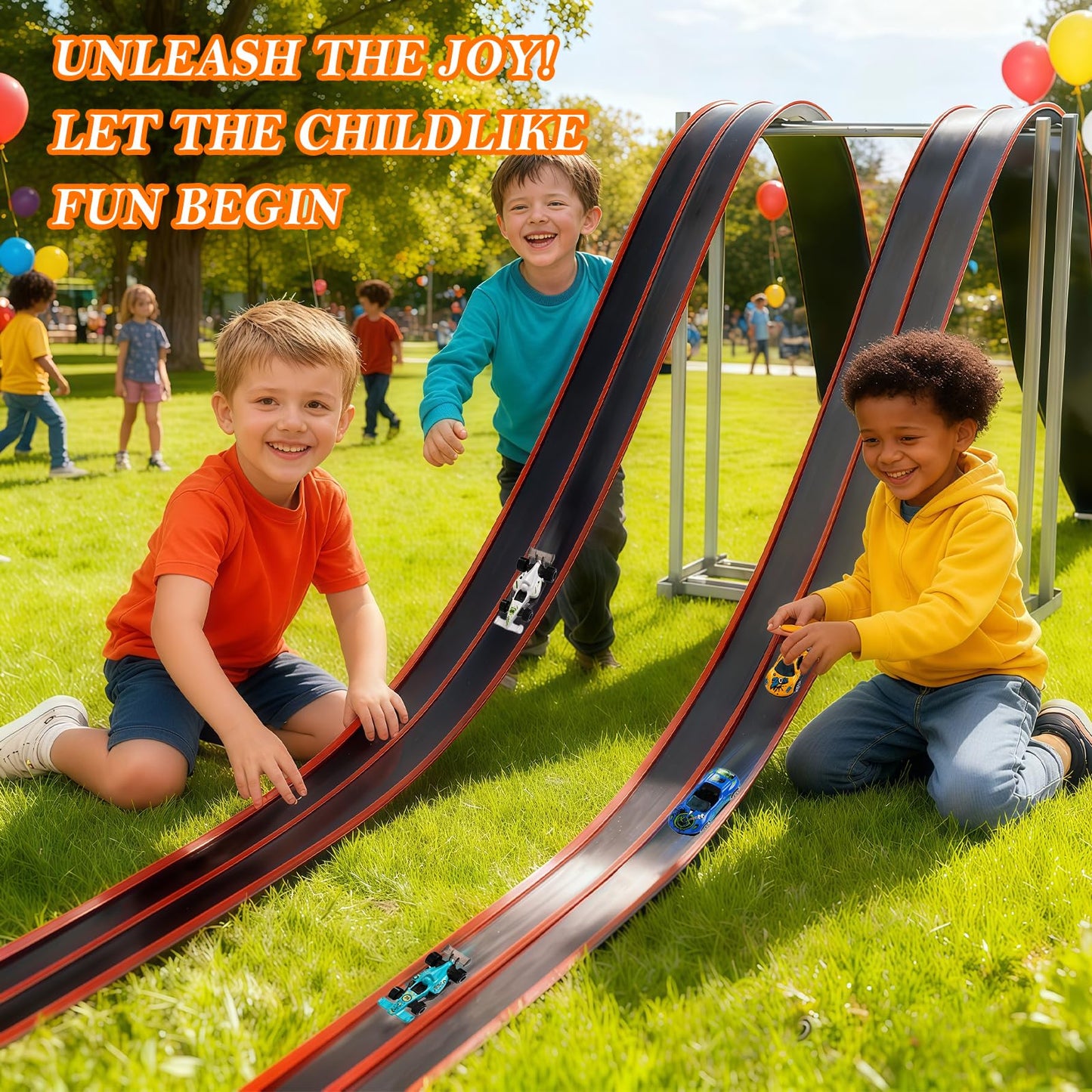Newmkr 15 Ft Flexible Race Track for Kids 3+ – Portable Roll-Up Track with Cars & Storage