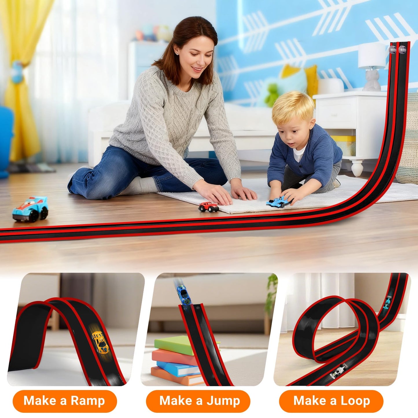 Newmkr 15 Ft Flexible Race Track for Kids 3+ – Portable Roll-Up Track with Cars & Storage