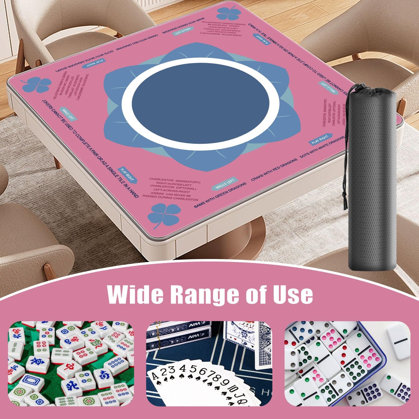 Newoh Mahjong Mat 32x32 Inch Neoprene Table Cover with Rules — Non-Slip, Noise-Reducing, Portable
