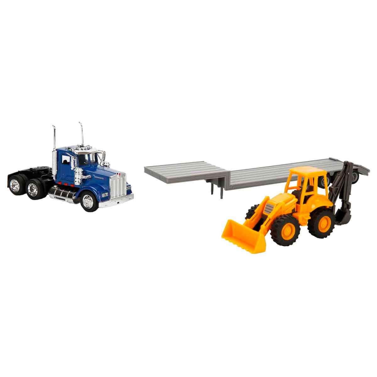 NewRay 1:43 Trailer Kenworth W900 with Backhoe Loader – 1:43 Scale Die-Cast Replica