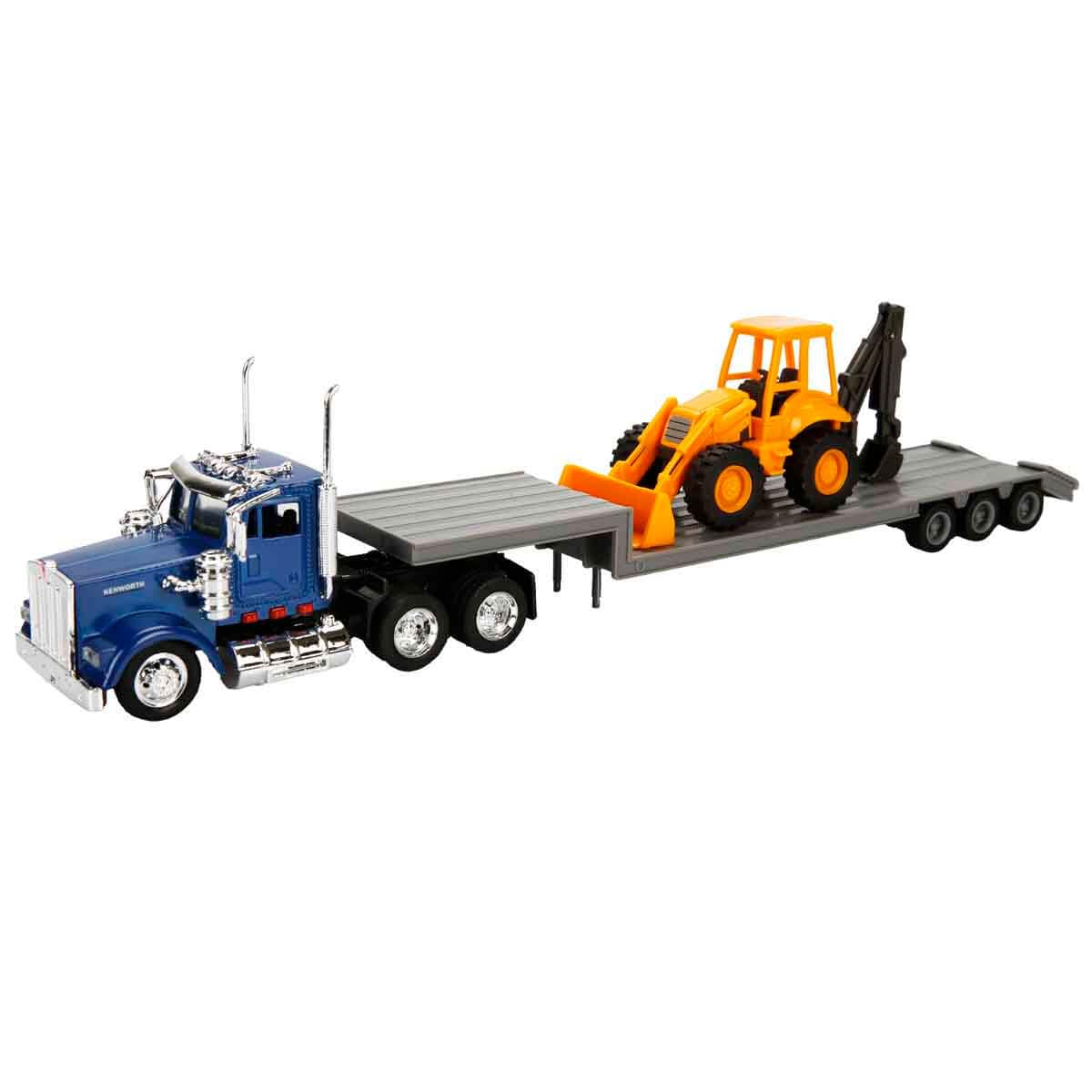 NewRay 1:43 Trailer Kenworth W900 with Backhoe Loader – 1:43 Scale Die-Cast Replica
