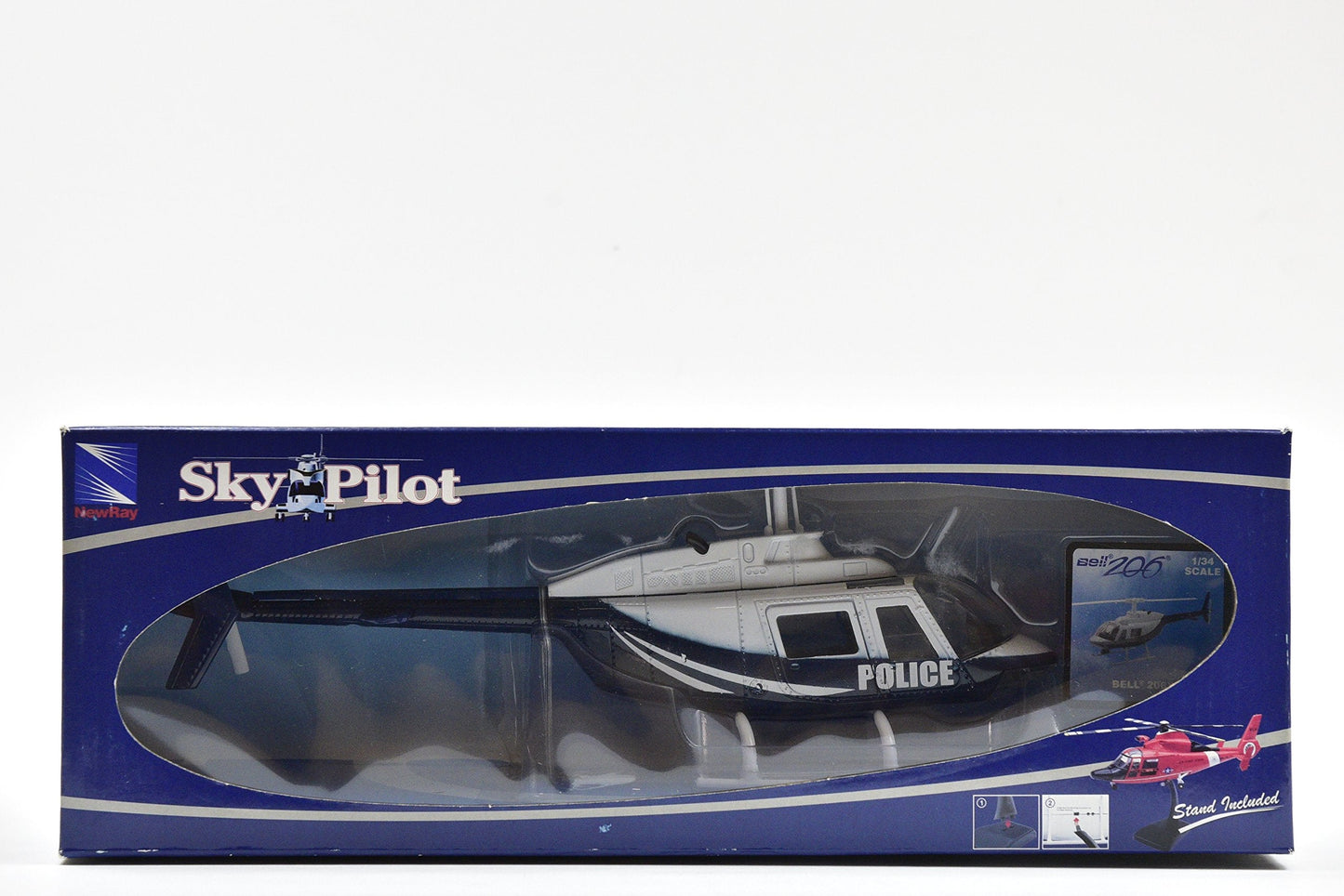 NewRay Bell 206 Helicopter Diecast Model – Police Sky Pilot Series, 1:34 Scale, Dark Blue & White