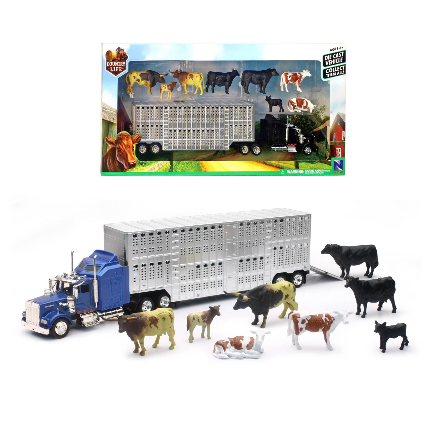 NewRay Country Life 1:43 Livestock Playset – Die-Cast Truck & Trailer with 10 Cattle