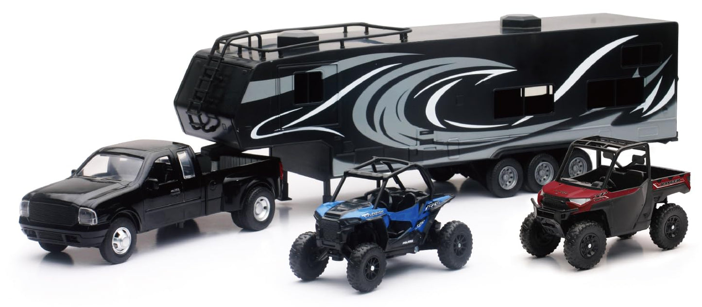 NewRay Die-Cast Pickup Truck with Toy Hauler and Two Polaris Vehicles – RZR & Ranger