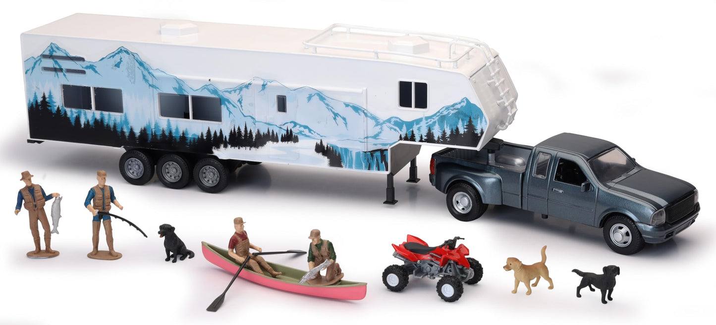 NewRay Die Cast Pick Up Truck with Camper Trailer and Accessories | Realistic Play Set