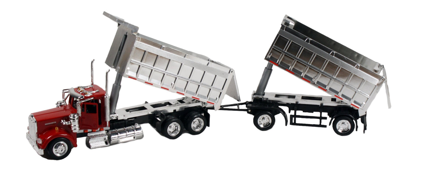 New-Ray 1:43 Kenworth W900 Double Dump Truck with Trailer – Die-Cast Model (Red & Chrome) - Color May Vary