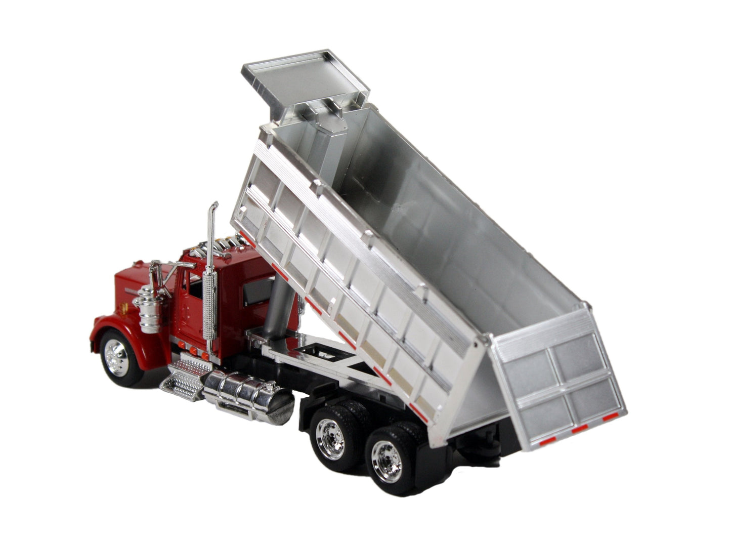 New-Ray 1:43 Kenworth W900 Double Dump Truck with Trailer – Die-Cast Model (Red & Chrome) - Color May Vary