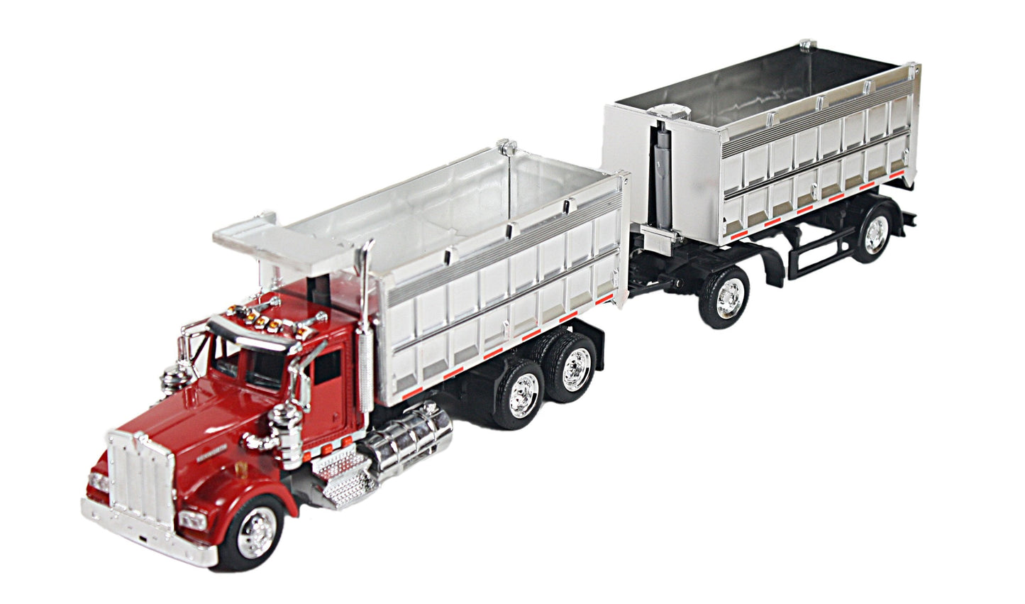 New-Ray 1:43 Kenworth W900 Double Dump Truck with Trailer – Die-Cast Model (Red & Chrome) - Color May Vary