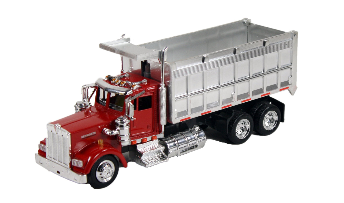New-Ray 1:43 Kenworth W900 Double Dump Truck with Trailer – Die-Cast Model (Red & Chrome) - Color May Vary