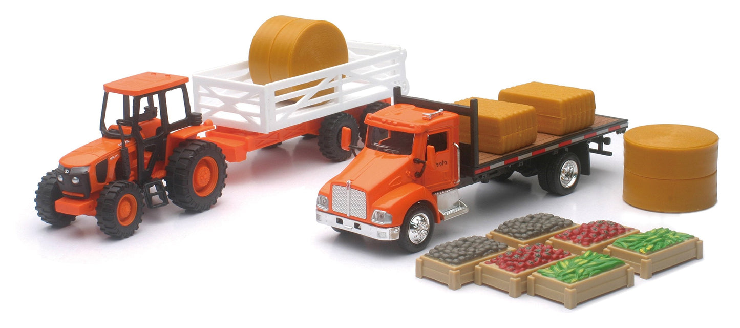 NewRay Kubota Farm Playset – 1/43 Scale Tractor, Truck & Trailer with Bales and Crates