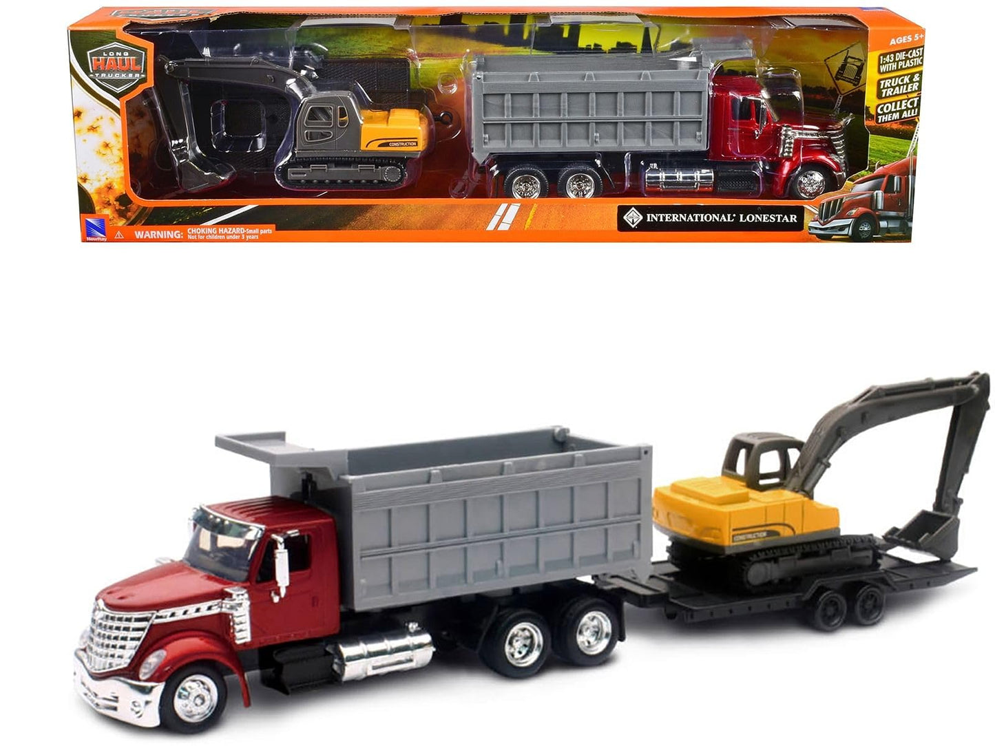 New Ray Toys Lonestar Dump Truck with Excavator 1:43 Scale – 18-Inch Die-Cast (Yellow) – Item 16623