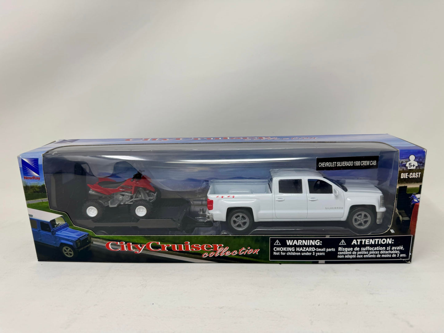 NewRay 1:43 Chevy Silverado with Trailer & Dirt Bike | Die-Cast Toy Vehicle