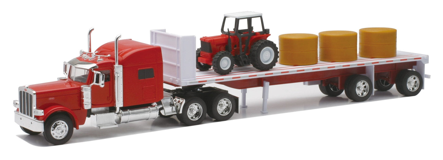 NewRay Peterbilt 389 1/32 Scale Flatbed Truck with Red Farm Tractor & Hay Bales – 10293A