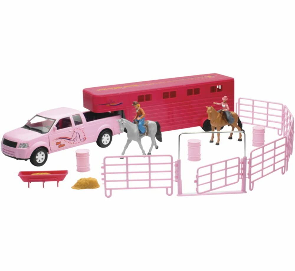 NewRay Valley Ranch Pink Pickup Truck & Horse Trailer Playset – 1:20 Scale